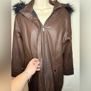 Brown Faux Leather Winter Coat